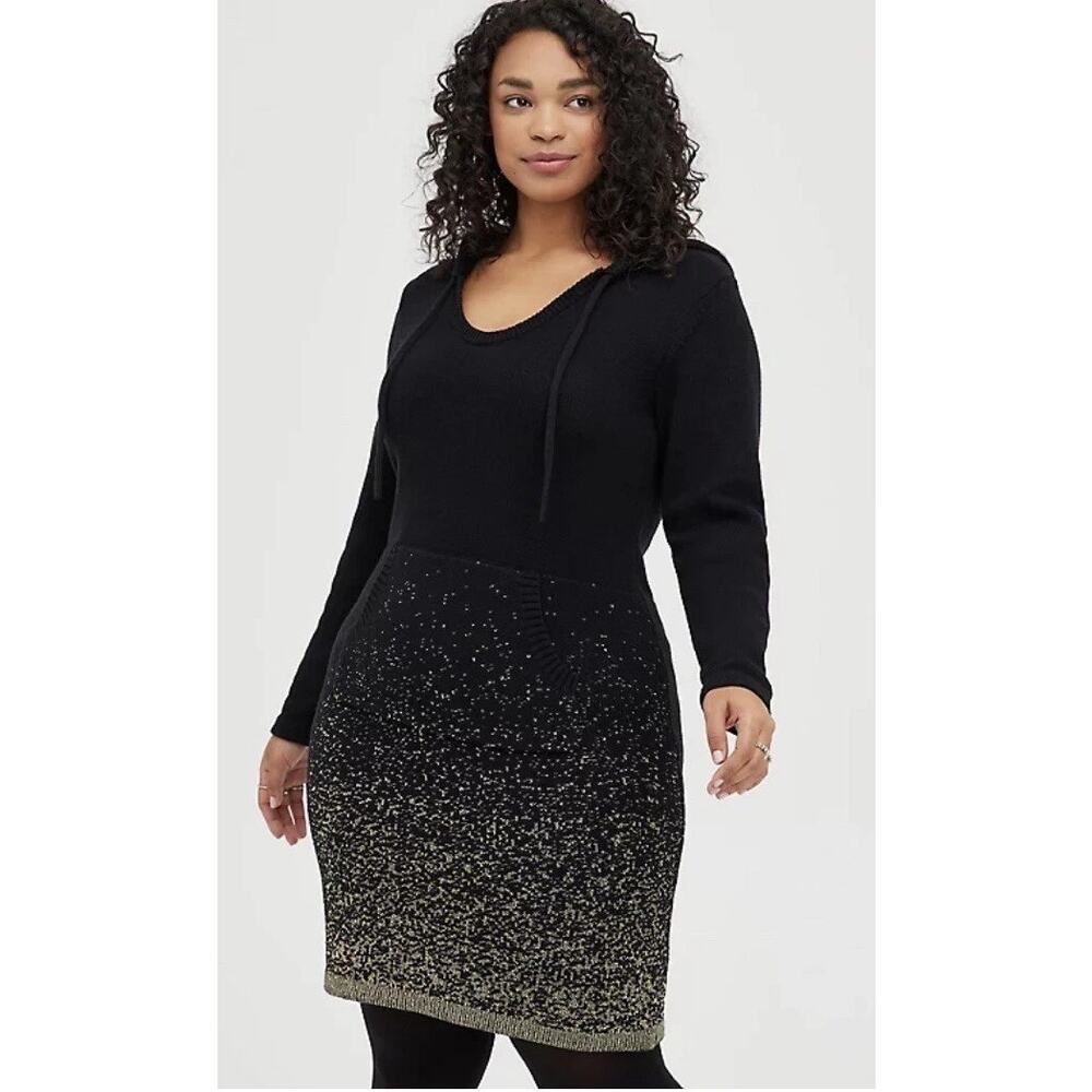 Torrid Women's 2X Lurex Black Metallic Gold Hoodie Sweater Dress Holiday Casual